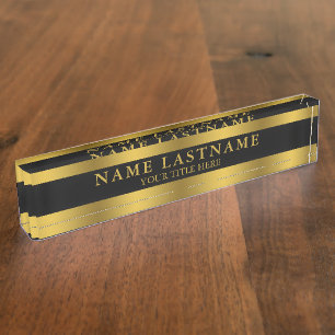 Elegant Faux Gold Classic Name Title Black Desk Name Plate