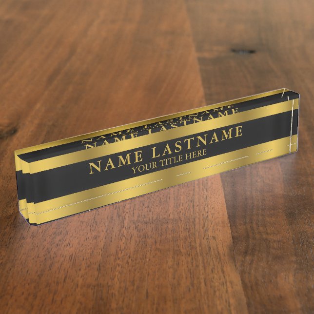 Elegant Faux Gold Classic Name Title Black Desk Name Plate (Side)