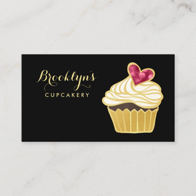 Elegant FAUX Gold Cupcakery and Pink Bokeh Heart Business Card (Front)