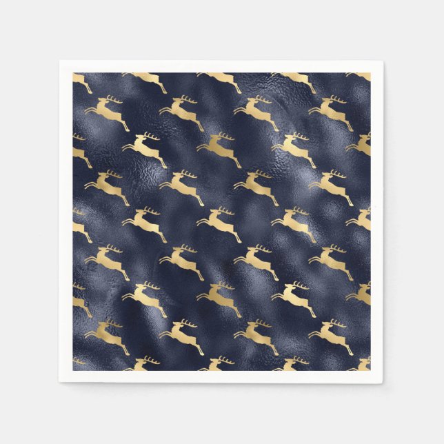 Elegant Faux Gold Deer Blue Faux Foil Christmas  Napkins (Front)