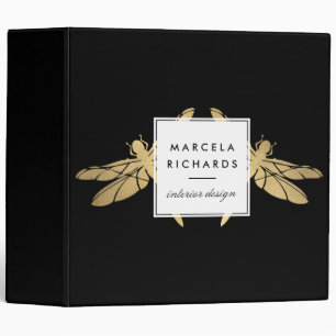 Elegant Faux Gold Dragonfly Duo on Black Binder