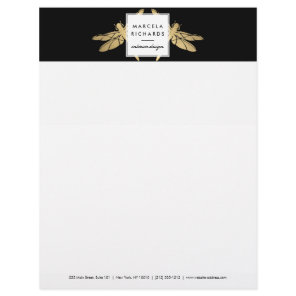 Elegant Faux Gold Dragonfly Duo on Black Letterhead