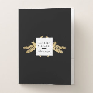 Elegant Faux Gold Dragonfly Duo on Black Pocket Folder
