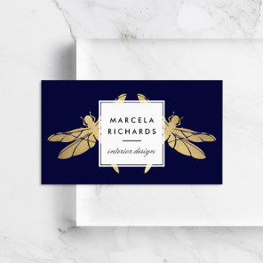 Elegant Faux Gold Dragonfly Duo on Dark Navy Business Card