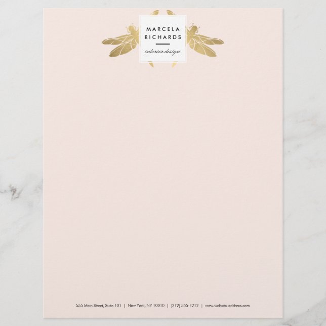 Elegant Faux Gold Dragonfly Duo on Pink Letterhead (Front)
