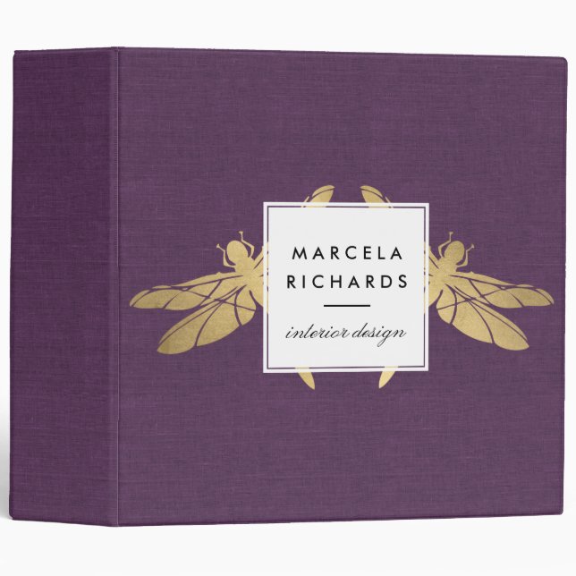 Elegant Faux Gold Dragonfly Duo on Purple Linen Binder (Front/Spine)