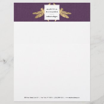 Elegant Faux Gold Dragonfly Duo On Purple Linen Letterhead by 1201am at Zazzle