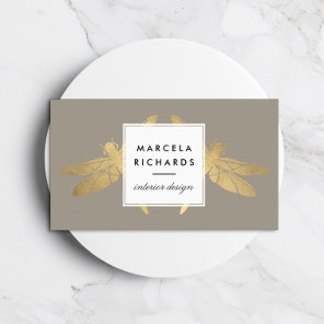 Elegant Faux Gold Dragonfly Duo on Taupe Business Card