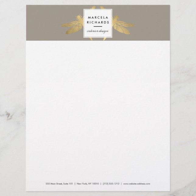 Elegant Faux Gold Dragonfly Duo on Taupe Letterhead (Front)
