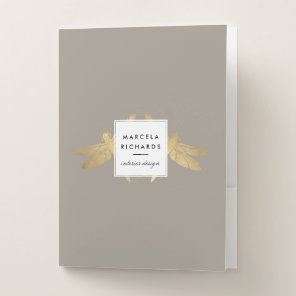 Elegant Faux Gold Dragonfly Duo on Taupe Pocket Folder