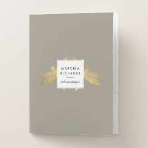 Elegant Faux Gold Dragonfly Duo on Taupe Pocket Folder