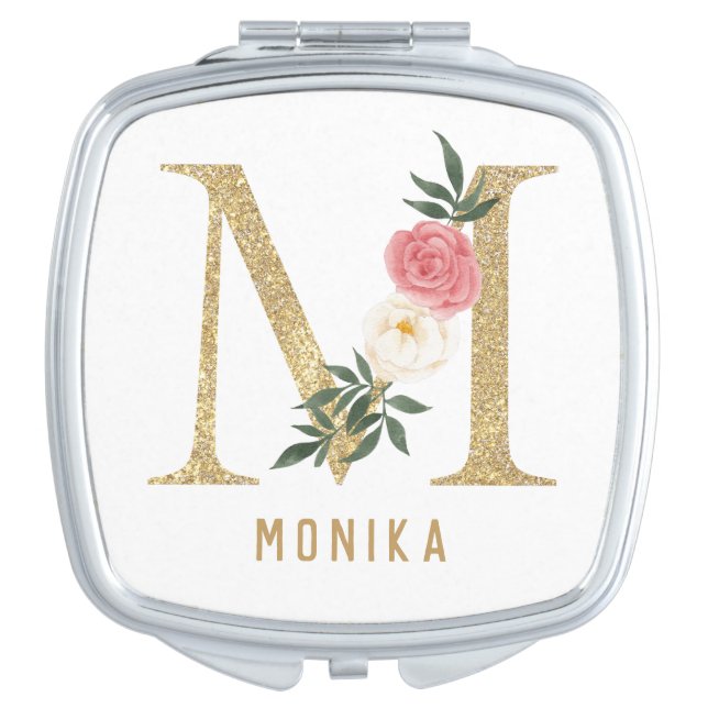 Elegant Faux Gold Floral Letter M Monogram Compact Mirror (Front)