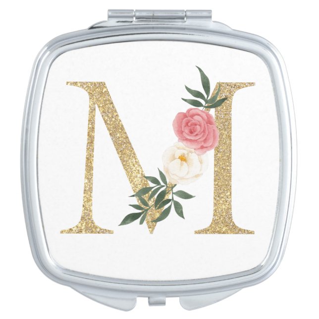 Elegant Faux Gold Floral Letter M Monogram Compact Mirror (Front)