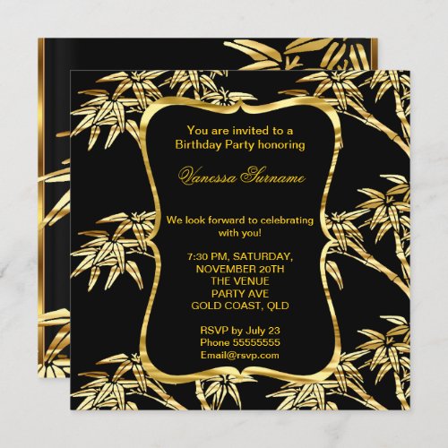 Elegant Faux Gold Foil Black Asian Bamboo Party Invitation