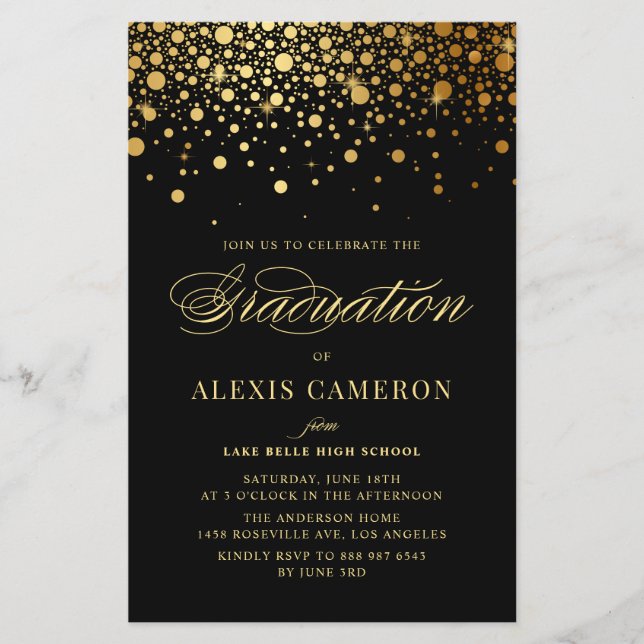 Elegant Faux Gold Foil Black Graduation Invite (Front)