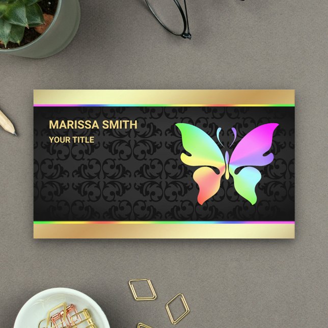 Elegant Faux Gold Foil Colorful Rainbow Butterfly Business Card (Creator Uploaded)