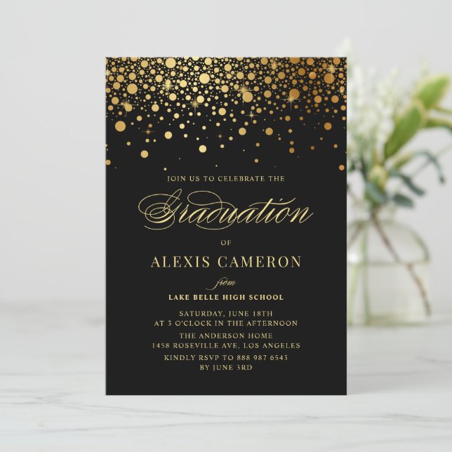 Elegant Faux Gold Foil Confetti Black Graduation Invitation (Standing Front)
