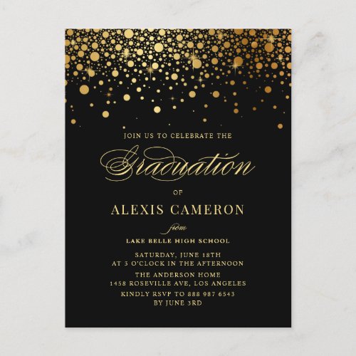 Elegant Faux Gold Foil Confetti Black Graduation Invitation Postcard