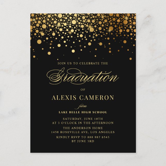 Elegant Faux Gold Foil Confetti Black Graduation Invitation Postcard (Front)