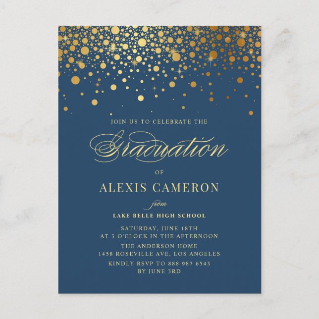 Elegant Faux Gold Foil Confetti Blue Graduation Invitation Postcard (Front)