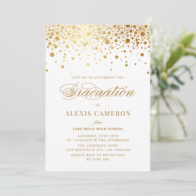 Elegant Faux Gold Foil Confetti Graduation Invitation (Standing Front)