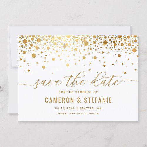 Elegant Faux Gold Foil Confetti Modern White Save The Date