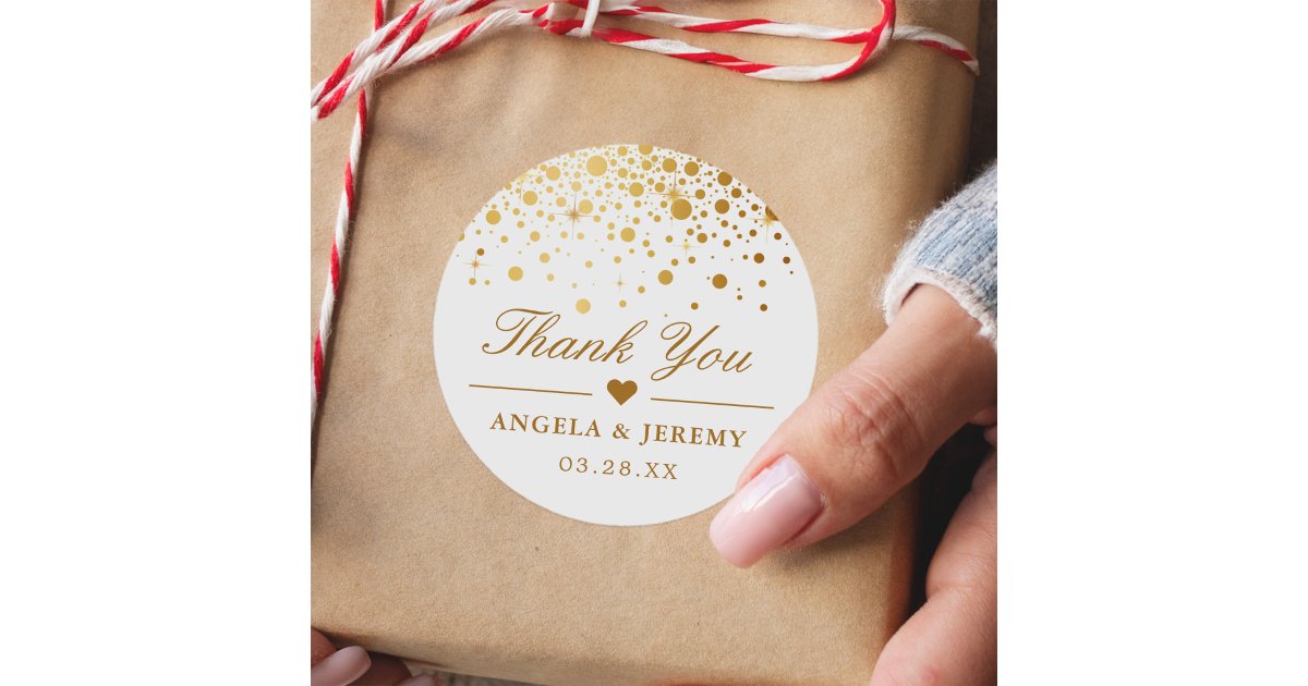 Elegant Faux Gold Foil Confetti Wedding Thank You Classic Round Sticker ...
