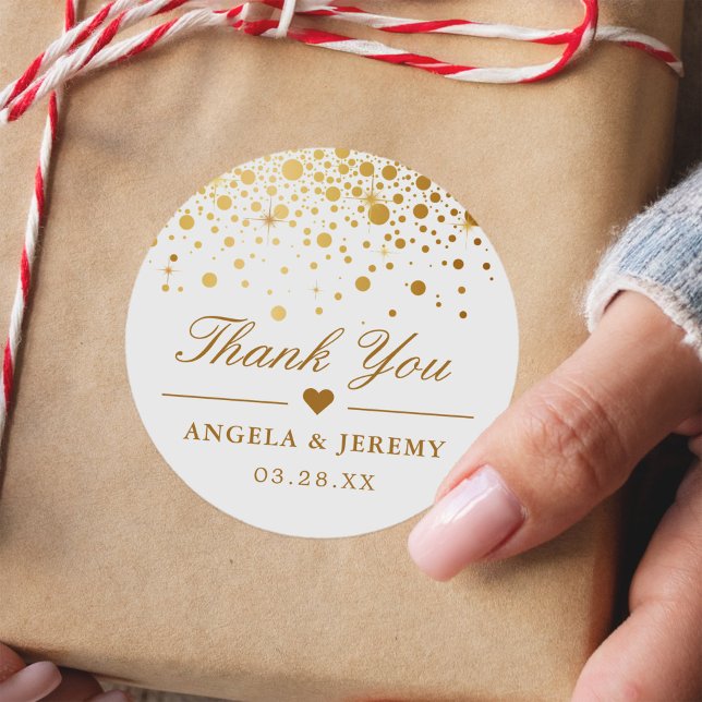 Elegant Faux Gold Foil Confetti Wedding Thank You Classic Round Sticker (Creator Uploaded)