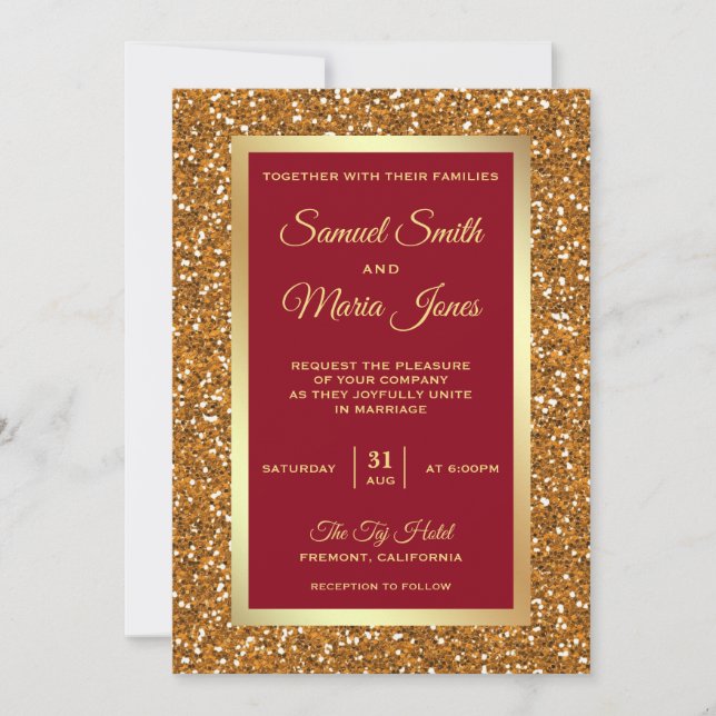 Elegant Faux Gold Foil Glitter Maroon Red Wedding Invitation (Front)