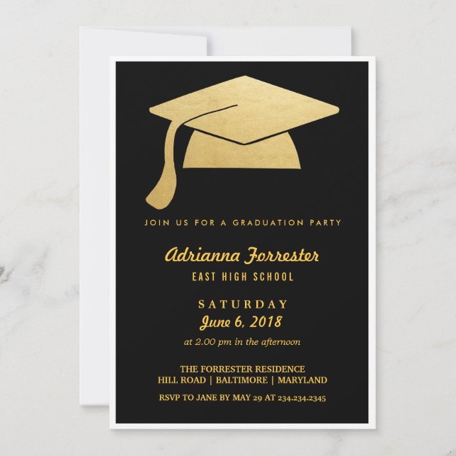 Elegant Faux Gold Foil Grad Hat Graduation Party Invitation (Front)