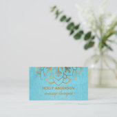 Elegant Faux Gold Foil Mandala w/ Texture & Aqua Business Card (Standing Front)