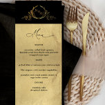Elegant Faux Gold Foil Monogrammed Wedding Menu<br><div class="desc">Elegant black and faux gold foil wedding dinner reception Menu card with exquisite hand drawn monogram in faux gold foil. Design with a top black border showcasing the monogram in gold faux foil. Bottom section in a beautiful faux gold foil background print and text in black. Modern hand written calligraphy...</div>