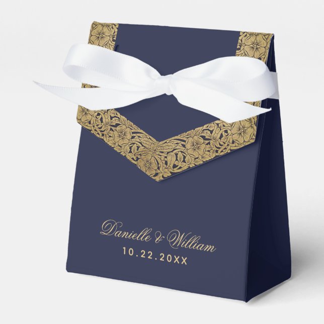 Elegant Faux Gold Foil Navy Blue Script Wedding Favor Boxes (Front Side)