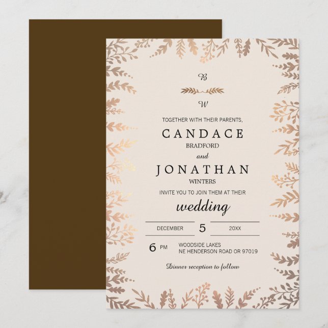 Elegant Faux Gold Foliage Wedding Invitation (Front/Back)