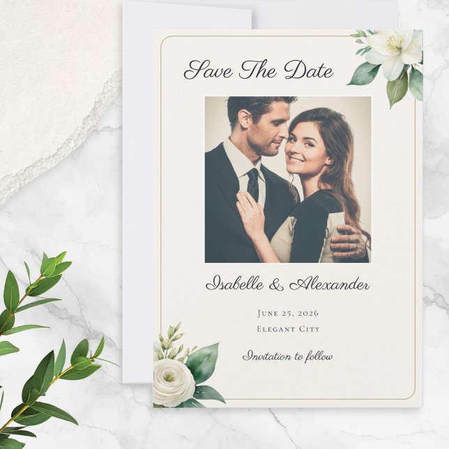 Elegant Faux Gold Frame White Floral Custom Photo Save The Date (A 'Save the Date' greetings card personalized with the couple's photo, names, wedding date and place)