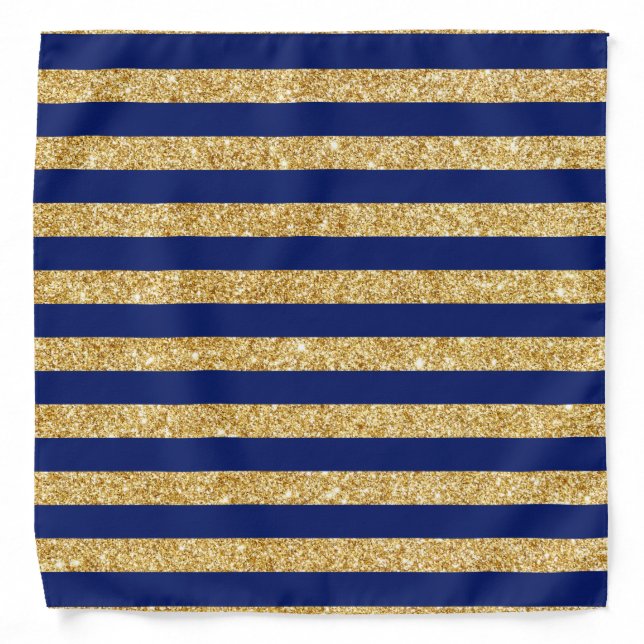 Elegant Faux Gold Glitter and Blue Stripe Pattern Bandana (Front)