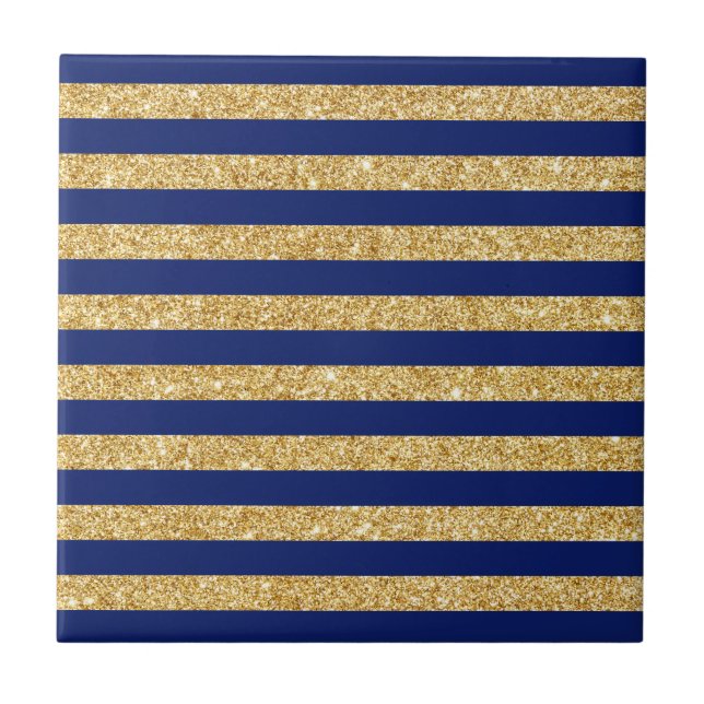 Elegant Faux Gold Glitter and Blue Stripe Pattern Ceramic Tile (Front)