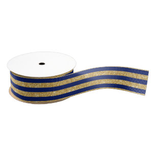 Elegant Faux Gold Glitter and Blue Stripe Pattern Grosgrain Ribbon