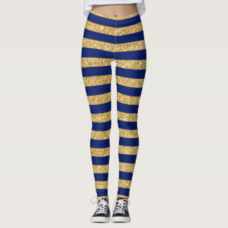 Elegant Faux Gold Glitter and Blue Stripe Pattern Leggings