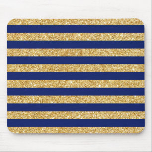 Elegant Faux Gold Glitter and Blue Stripe Pattern Mouse Pad