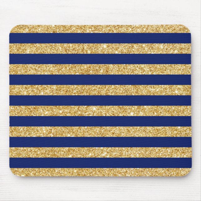 Elegant Faux Gold Glitter and Blue Stripe Pattern Mouse Pad (Front)