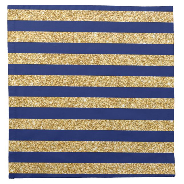 Elegant Faux Gold Glitter and Blue Stripe Pattern Napkin (Front)