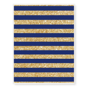 Elegant Faux Gold Glitter and Blue Stripe Pattern Temporary Tattoos