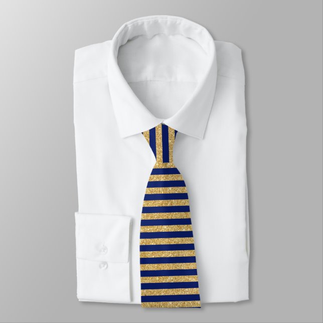 Elegant Faux Gold Glitter and Blue Stripe Pattern Tie (Tied)