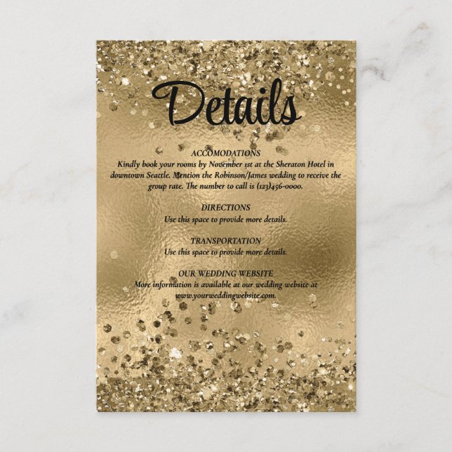 Elegant Faux Gold Glitter and Foil Wedding Details Enclosure Card (Front)