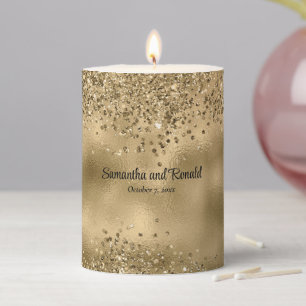 Elegant Faux Gold Glitter and Foil Wedding Menu Pillar Candle