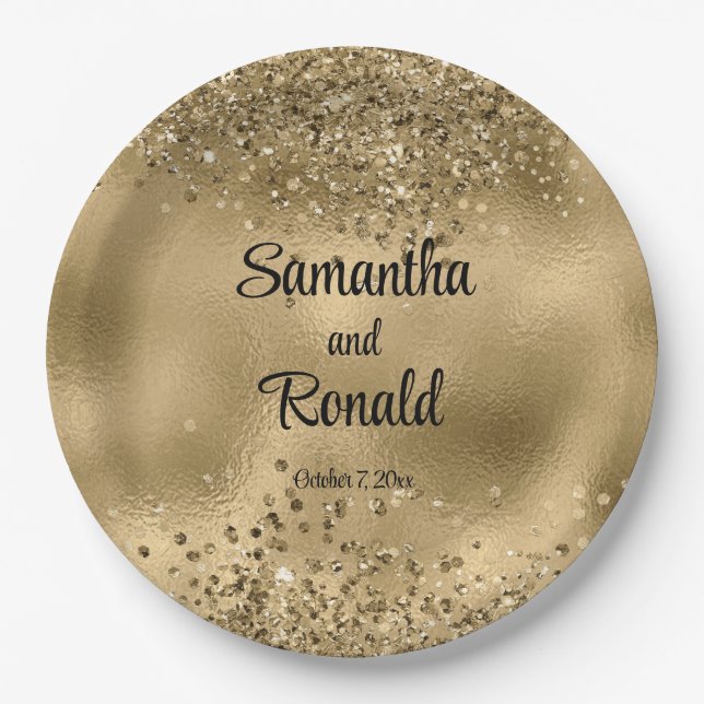 Elegant Faux Gold Glitter and Foil Wedding  Paper Plates (Front)