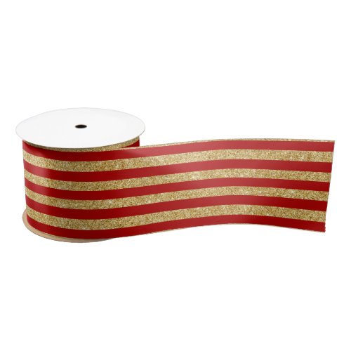 Elegant Faux Gold Glitter and Red Stripe Pattern Satin Ribbon