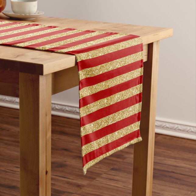 Elegant Faux Gold Glitter and Red Stripe Pattern Short Table Runner (In Situ)