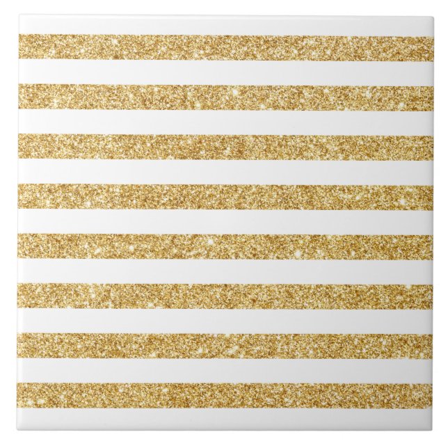 Elegant Faux Gold Glitter and White Stripe Pattern Ceramic Tile (Front)